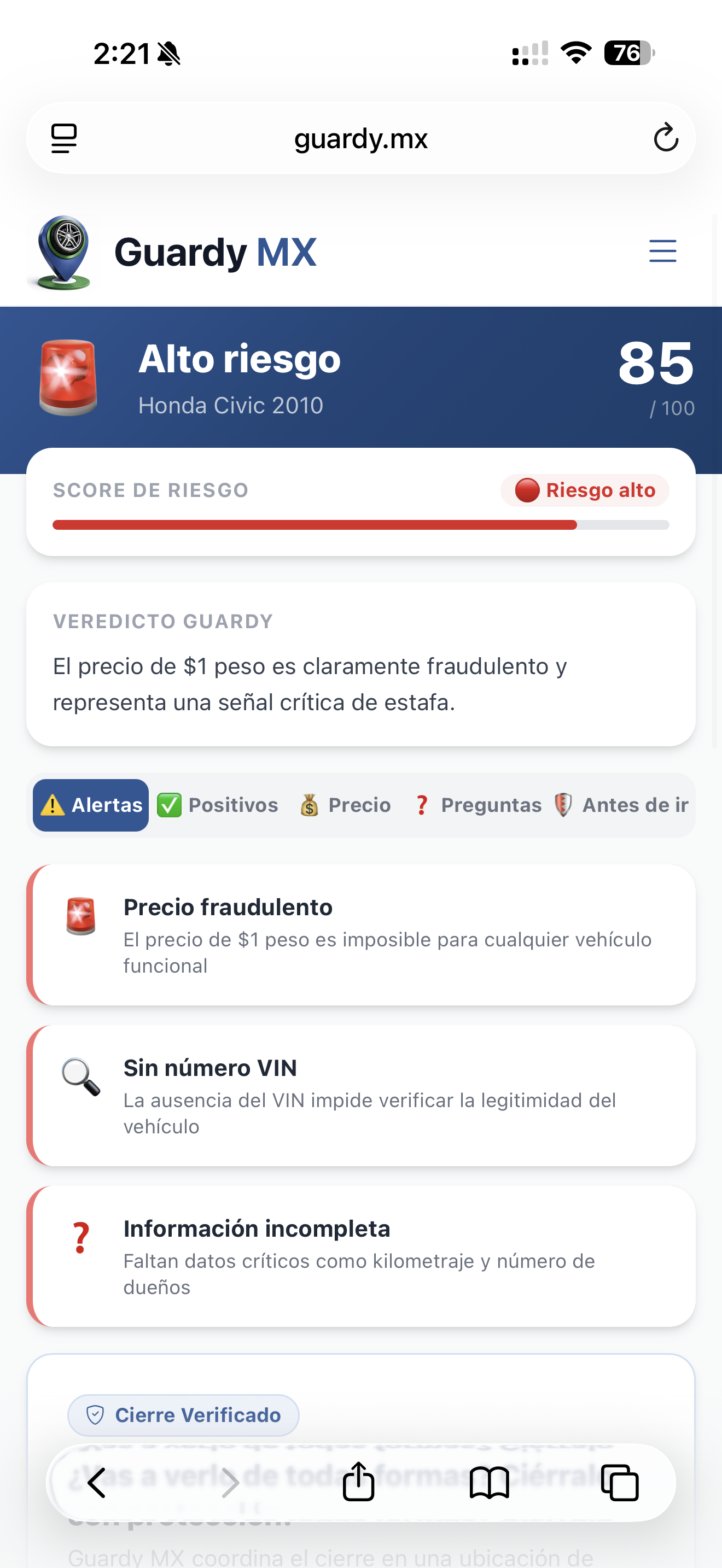 Resultado Guardy Check - Alto riesgo, posible fraude