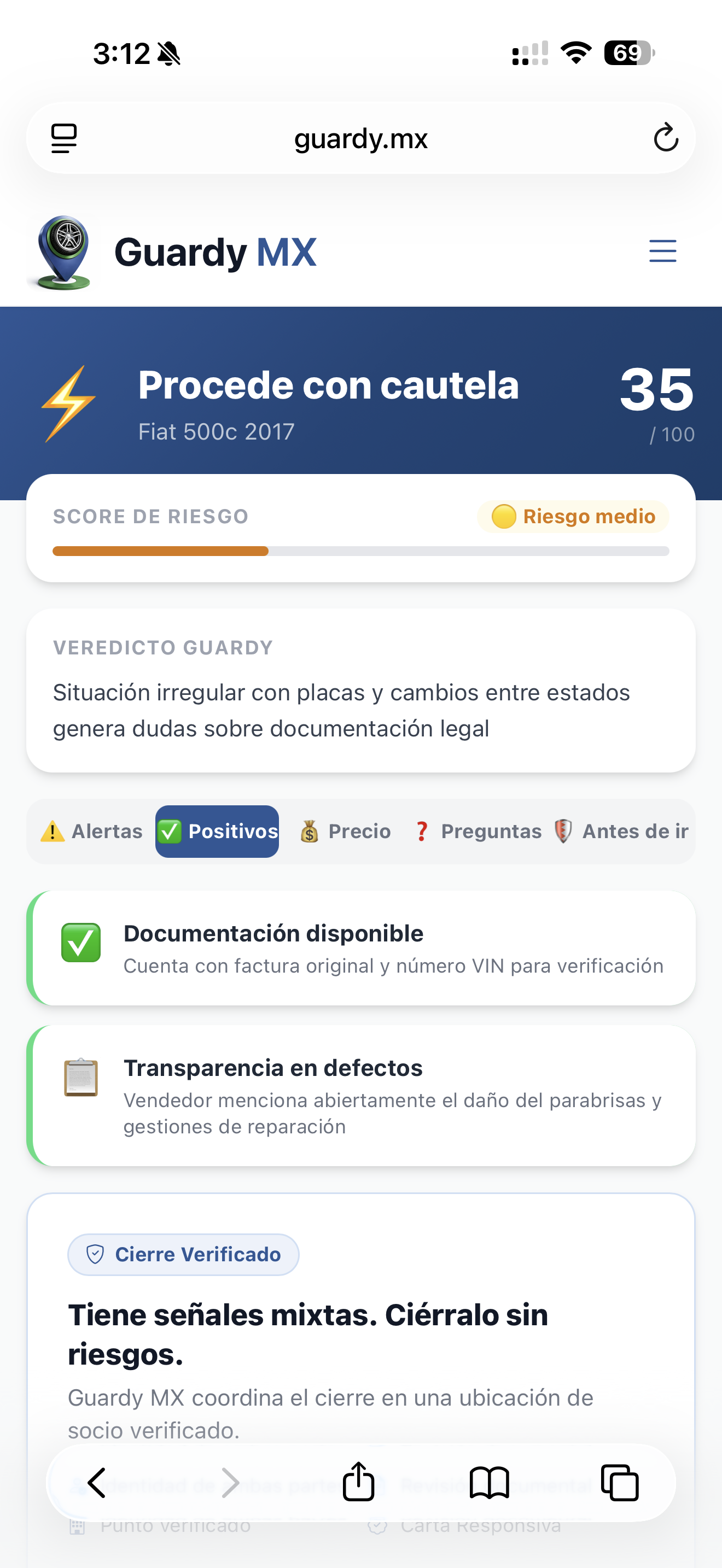 Resultado Guardy Check - Riesgo medio, procede con cautela